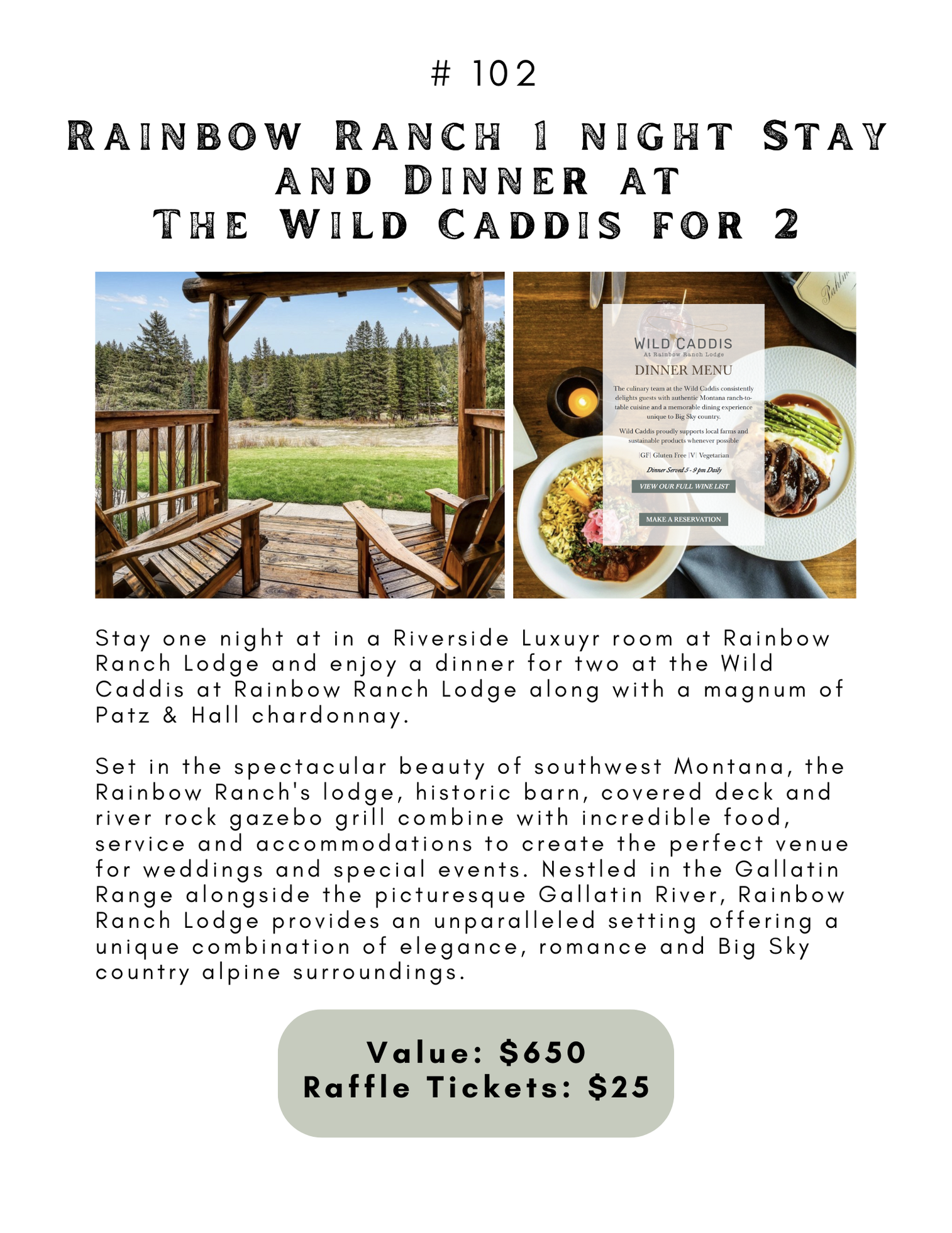 One Night Stay and Dinner For Two At The Raibow Ranch Lodge and The Wild Caddis at Ranbow Ranch Lodge