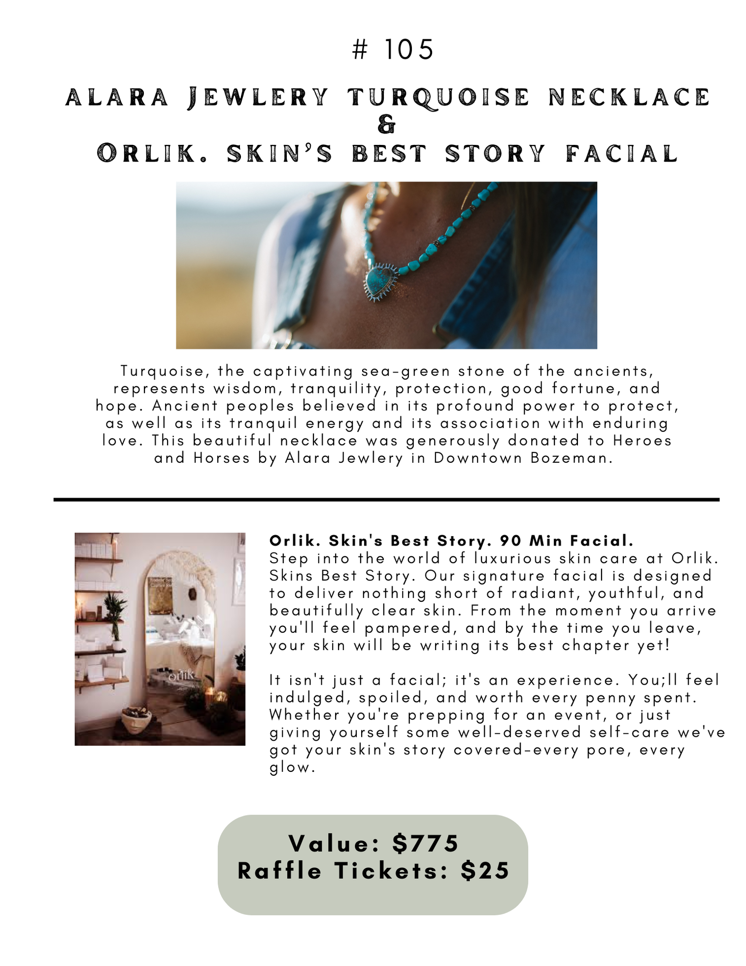 Alara Jewlery Turquoise Necklace & Orlik. Skin's Best Story 90 Min Facial